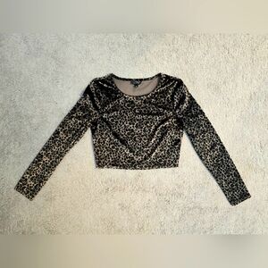 Velour Leopard Print Long Sleeve Crop Top